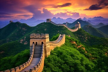 a long wall on Great Wall of China - obrazy, fototapety, plakaty