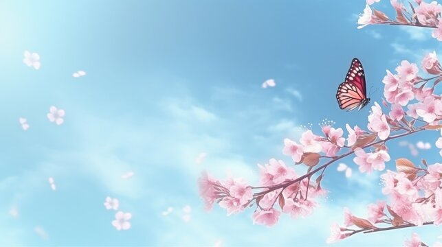 Butterfly Flying Over Pink Flowers