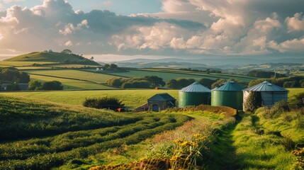 Naklejka premium Green Field With Two Silos