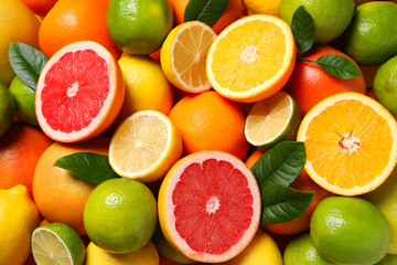 Different fresh citrus fruits and leaves as background, top view