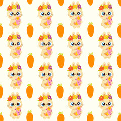 Fototapeta premium Cute hand drawn Easter seamless pattern with bunnies, flowers, Easter eggs, beautiful background, great for Easter Cards, banner, textiles, wallpapers - vector design