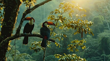 Two toucan tropical bird sitting on a tree branch in natural wildlife environment in rainforest jungle. AI Generated.