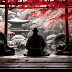 Samurai in Tranquil Meditation in Japanese Garden: Zen and Nature Harmony