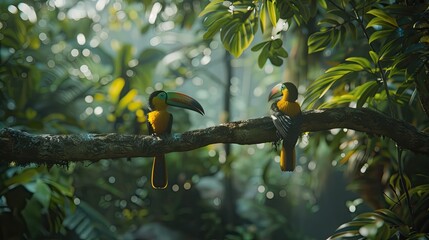 Two toucan tropical bird sitting on a tree branch in natural wildlife environment in rainforest jungle. AI Generated.
