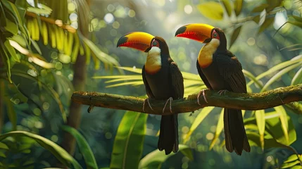 Rolgordijnen Two toucan tropical bird sitting on a tree branch in natural wildlife environment in rainforest jungle. AI Generated. © Gosgrapher