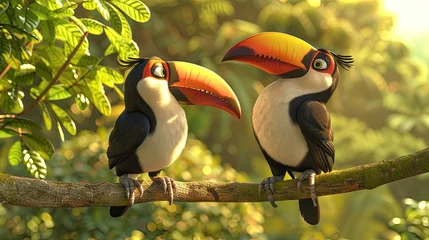 Papier Peint photo autocollant Toucan Two toucan tropical bird sitting on a tree branch in natural wildlife environment in rainforest jungle. AI Generated.