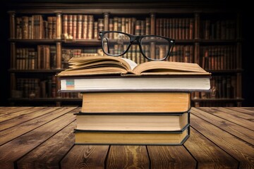 Old books, retro school  library.