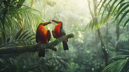 Photo sur Plexiglas Toucan Two toucan tropical bird sitting on a tree branch in natural wildlife environment in rainforest jungle. AI Generated.