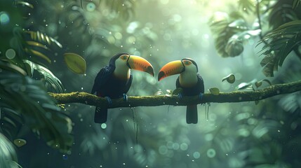 Two toucan tropical bird sitting on a tree branch in natural wildlife environment in rainforest jungle. AI Generated.