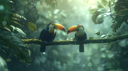 Papier peint photo autocollant rond Toucan Two toucan tropical bird sitting on a tree branch in natural wildlife environment in rainforest jungle. AI Generated.