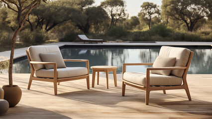 Fototapeta premium Lounge area with wooden furniture by the swimming pool