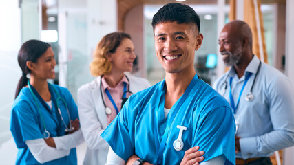 Portrait Of Smiling Multi Cultural Medical Team Wearing Scrubs And White Coats In Modern Hospital  - 750759793