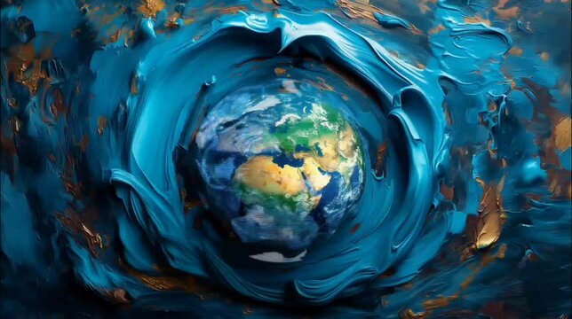 Earth globe in the middle of whirl watercolor. World Art Day concept. Seamless looping time-lapse 4k video animation background
