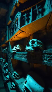 dark catacombs beneath an ancient city, skeletons lining the walls in silent vigil, cryptic symbols carved into the bones, torchlight, darkness, creepy tunnels