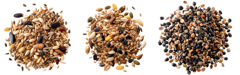Variety of mixed bird seeds isolated on transparent background. mixed bird seeds against a transparent background