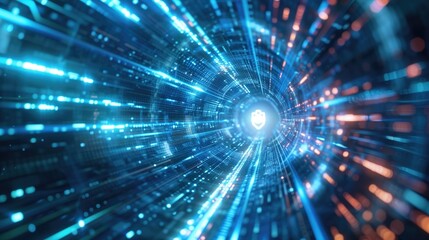 Digital technology motion light in cyberspace blue glowing tunnel background with shield icon in the end