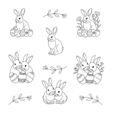 Easter illustration set, Easter eggs, Easter bunny, Rabbit, flowers, floral, hand drawn, outline icons, line art, spring collection, isolated on white background, coloring page
