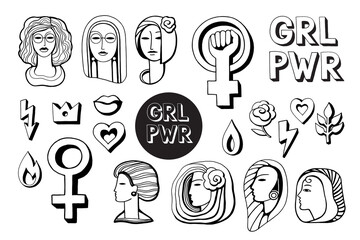 Set of doodle elements women's freedom, feminism, women's rights, equality. Strength girl lettering, female portraits. Vector illustrations suitable for Women's Day design, cards, prints, posters.