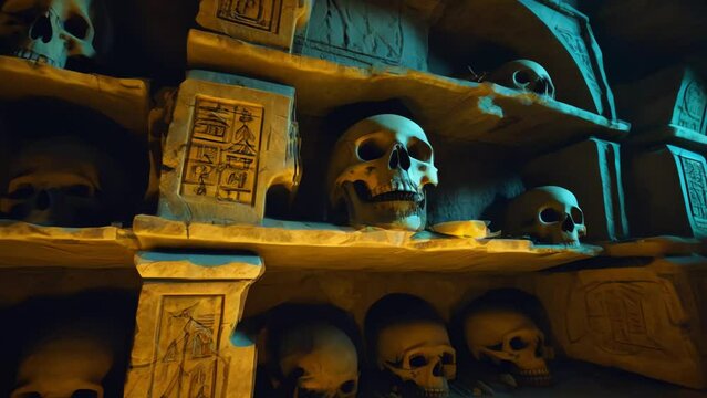 dark catacombs beneath an ancient city, skeletons lining the walls in silent vigil, cryptic symbols carved into the bones, torchlight, darkness, creepy tunnels