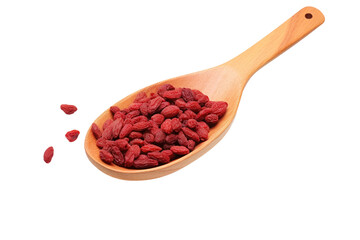 Wooden Spoon Filled With Dried Goji Berries. A wooden spoon is filled with dried goji berries. The vibrant red berries are neatly arranged in the spoon, creating a visually appealing display. - Powered by Adobe