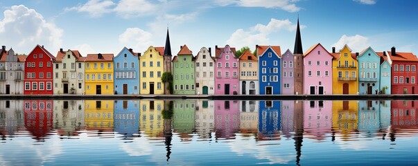 Fototapeta premium Colorful row of homes on a lake. Reflection of houses in the water. Old buildings in Europe. Architectural landscape