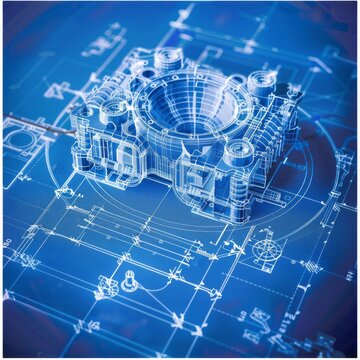 Blueprint finite element analysis. Blueprint of an engine, Von Mises stress isometric view of engine.