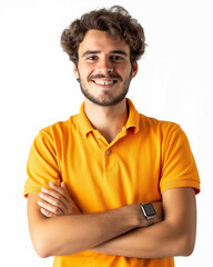 Young man in orange t-shirt smiling on white background
