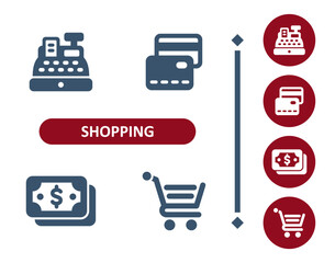 Shopping icons. Retail, commerce, cash register, till, credit card, cash, money, dollar, shopping cart icon - obrazy, fototapety, plakaty