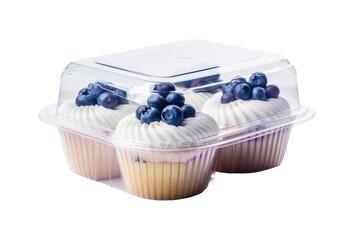 Three Cupcakes in a Plastic Container With Blueberries. Three cupcakes are neatly arranged in a plastic container with fresh blueberries on top. The cupcakes are topped with colorful sprinkles.