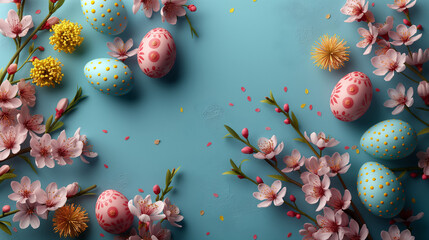 Œufs de Pâques décoratifs et fleurs de printemps sur fond bleu - obrazy, fototapety, plakaty