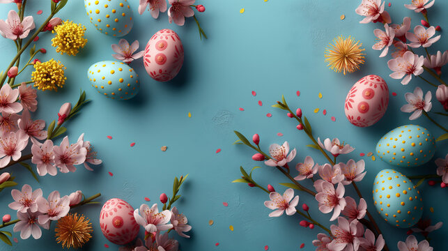 Œufs de Pâques décoratifs et fleurs de printemps sur fond bleu