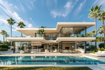 Fototapeta premium exterior perspective view af a very modern villa in marbella, two floors, large glass vindows, exterior garden pool, very high details, high resolution, turquoise sky, 3D model