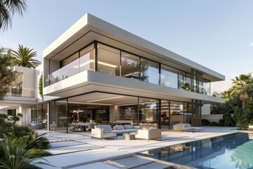 Fototapeta premium exterior perspective view af a very modern villa in marbella, two floors, large glass vindows, exterior garden pool, very high details, high resolution, turquoise sky, 3D model