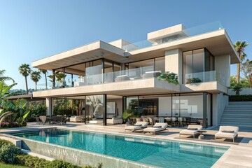 Fototapeta premium exterior perspective view af a very modern villa in marbella, two floors, large glass vindows, exterior garden pool, very high details, high resolution, turquoise sky, 3D model