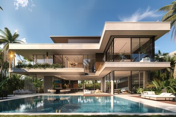 Fototapeta premium exterior perspective view af a very modern villa in marbella, two floors, large glass vindows, exterior garden pool, very high details, high resolution, turquoise sky, 3D model