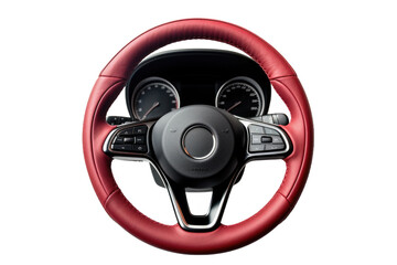 The Steering Wheel of a Car. The steering wheel of a car is centered on a white background. The wheel features grips and buttons that allow the driver to control the direction of the vehicle. - obrazy, fototapety, plakaty