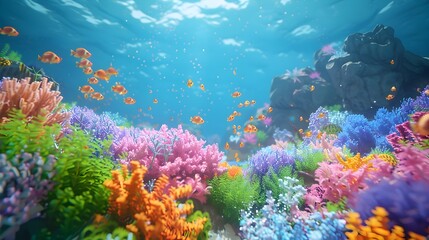 Fototapeta na wymiar Vibrant 3D Underwater Ocean Scene with Coral and Flowers