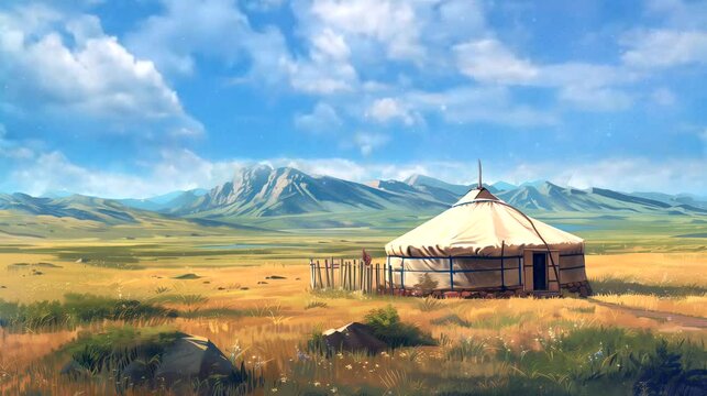 A rustic Mongolian ger nestled in the vast steppes, with views of rolling grasslands. Fantasy landscape anime or cartoon style, looping 4k video animation background