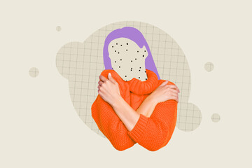 Composite 3d photo artwork graphics collage of unhappy young girl without face hug warm knitted...
