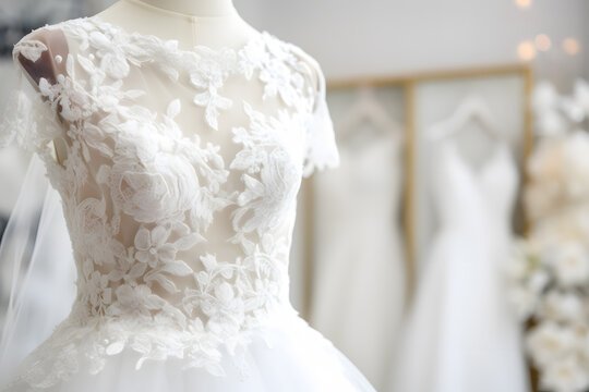 Close up of wedding lace dress on mannequin in bridal shop