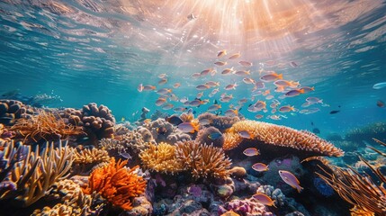 A serene underwater scene showcasing a school of mullet fish gracefully swimming near a coral reef. - obrazy, fototapety, plakaty