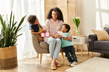 jolly african american woman receiving gift and postcard from her adorable sons, Mothers day - 750763762