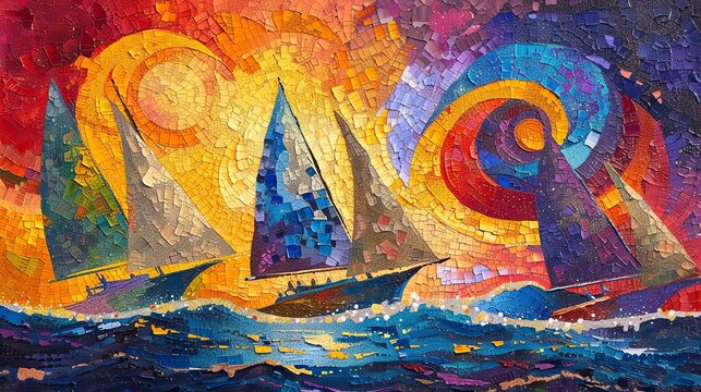 Brightly colored artwork, people sailing on a sailboat through the sea.