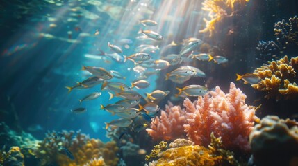 A serene underwater scene showcasing a school of mullet fish gracefully swimming near a coral reef. - obrazy, fototapety, plakaty