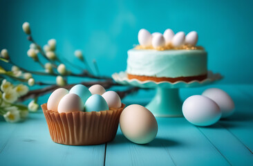 Easterthemed cupcake with eggs alongside cake on blue table