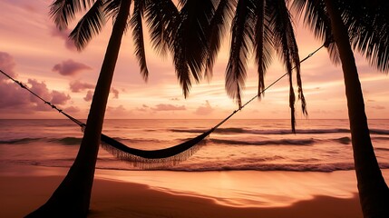 Hammock Hanging Between Two Palm Trees on a Beach. Generative AI.