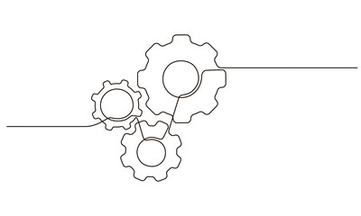 Single continuous line symbol of machine wheel gears vector illustration. Cogwheel one line contour drawing business teamwork concept. Design for poster, card, label, company 