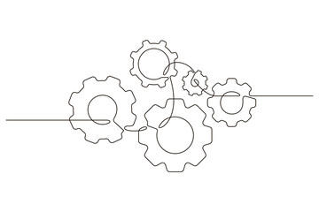 Single continuous line symbol of machine wheel gears vector illustration. Cogwheel one line contour drawing business teamwork concept. Design for poster, card, label, company  - obrazy, fototapety, plakaty