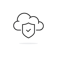 data secure icon like thin line cloud with shield. linear trend modern database support logo graphic stroke design web element isolated on white. concept of easy file protection or firewall badge