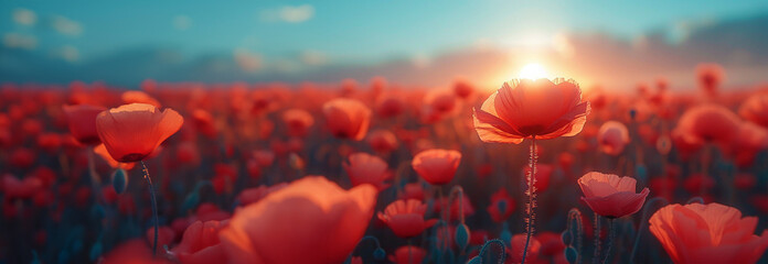 Poppy field at sunset in the spring. Red poppies in sunset light. Summer nature concept. Concept:...